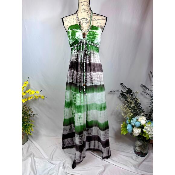 Chaudhry Rope Halter Open Back Tie Dye Maxi Dress Green Brown M - Picture 1 of 12